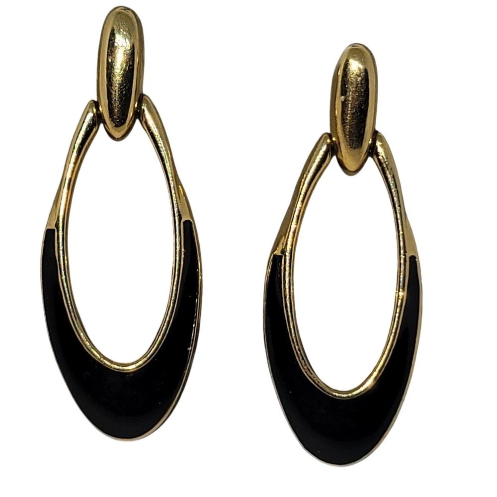 Trifari Gold Tone Black Enamel Door Knocker Dangle Drop Earrings VTG SKUJ140